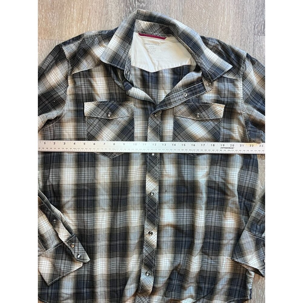 Banana Republic Slim Fit Snap-Front Flannel Shirt โ Grey & Brown Plaid โ Size XL - Picture 4 of 5